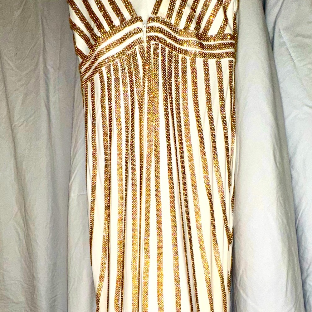 JOVANI white with Gold beading Formal gown. Size 10 fits more like a size 8.